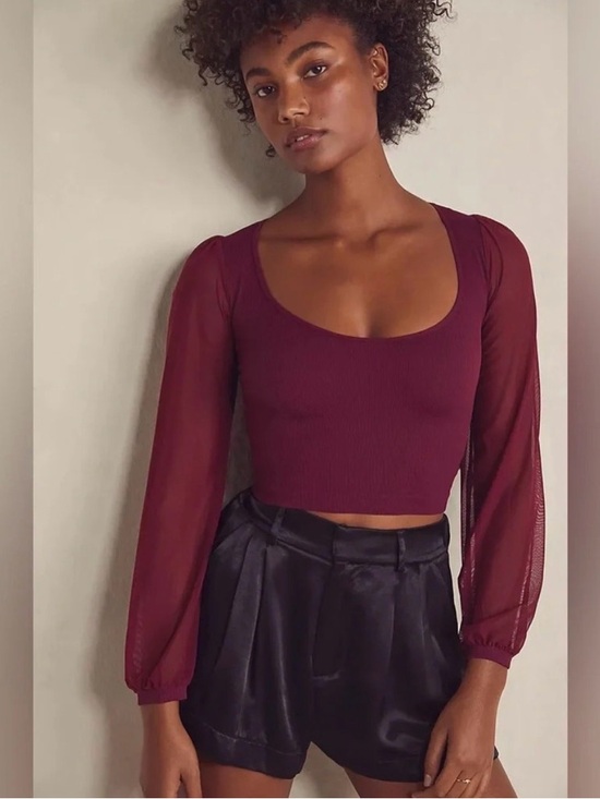 Free People Tops - 32. Free people • Women's Burgundy Square-Neck Mesh Sleeve Top XS/S